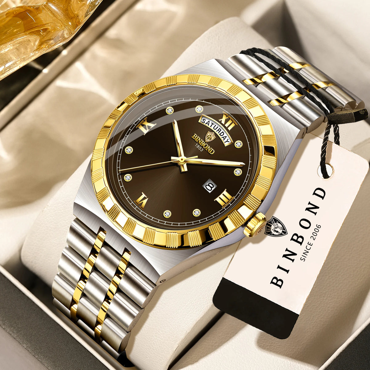 Orologio da uomo del marchio originale BINBOND – Orologio da polso al quarzo, modello di lusso, impermeabile e luminescente.