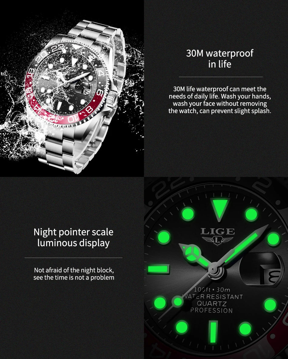 Montre-bracelet LIGE Fashion Business pour homme, étanche à 3 ATM, luminescente, montre de luxe sportive à quartz, chronographe de plongée