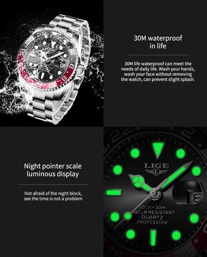 Montre-bracelet LIGE Fashion Business pour homme, étanche à 3 ATM, luminescente, montre de luxe sportive à quartz, chronographe de plongée