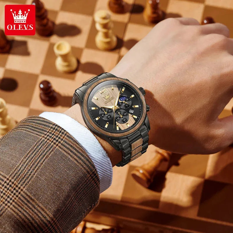 Orologio da uomo OLEVS 3645 in legno, di lusso, con illuminazione notturna, cronografo multifunzionale, al quarzo, stile retrò, orologio sportivo di tendenza.