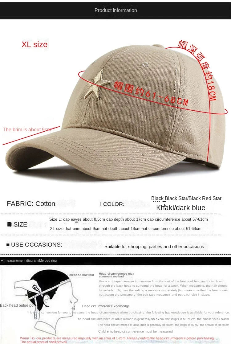 Baseball kapa Big Head Plus Size iz 100 % bombaža, primerna za moške in ženske, nastavljiva kapa »Dad Hat«, velikost 58–60 cm, 61–65 cm