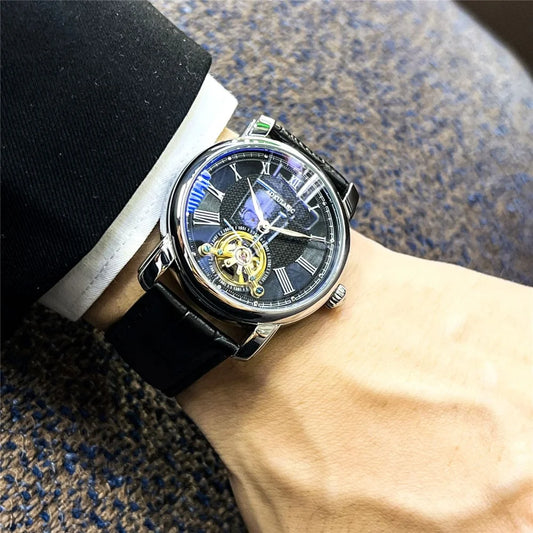 Orologio meccanico automatico da uomo – Elegante design scheletrato, stile «business casual» di tendenza, cassa in lega e cinturino in pelle, senza batteria