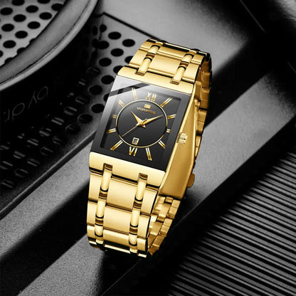 Herenzakelijk horloge, eenvoudig ontwerp, luxe mode, rechthoekig, zwart-goud, roestvrij staal, kalender, waterdicht, quartz, herenhorloges