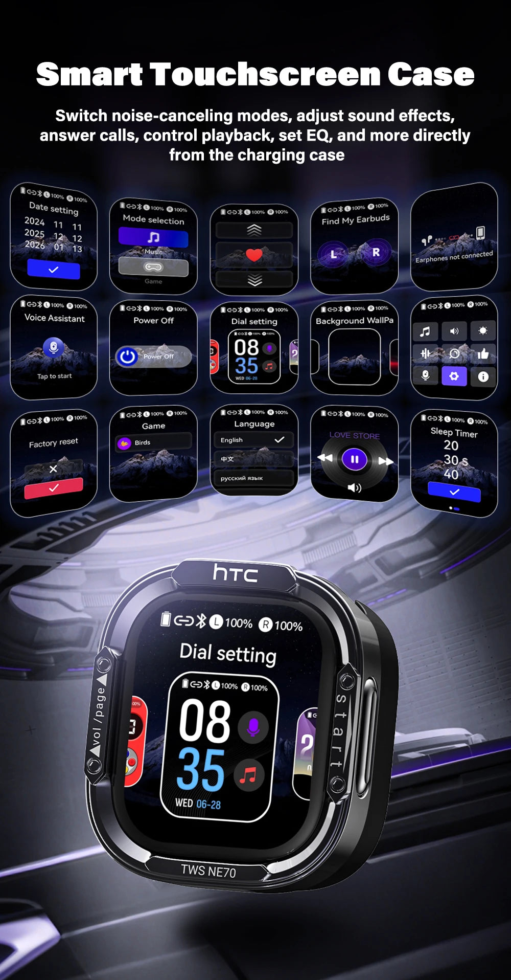 HTC NE70 Bluetooth Earphones Touch Screen TWS in-Ear Wireless Headphones AI Translator Noise Reduction Earbuds Game Heatset