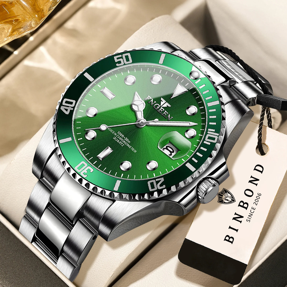 Orologio da polso al quarzo FNGEEN Son Brand di BINBOND con bracciale in acciaio inossidabile da uomo, luminescente e impermeabile, di lusso.