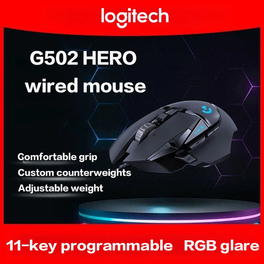 Logitech G502 HERO trådbunden gamingmus för e-sport, mekanisk mus med RGB-belysning, justerbar balans och programmerbara makron för Battle Royale
