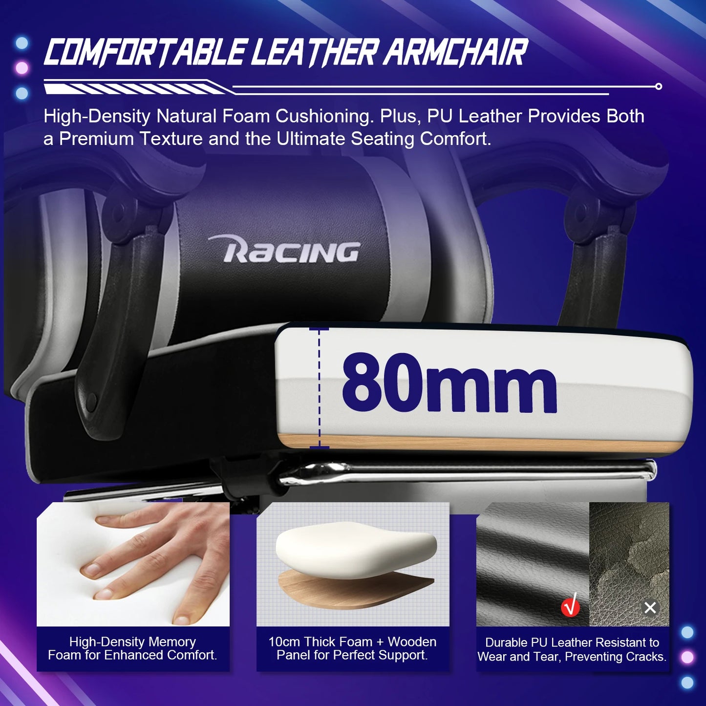 AUTHMIC Ergonomic Gaming Chair with 170° Reclining Backrest, Foldable Footrest, Soft Armrests, Supports150kg,Breathable Material