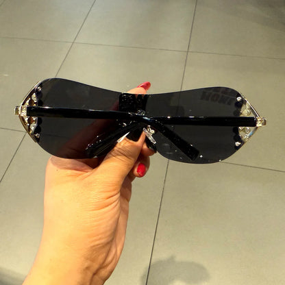 Luxuriöse Y2K-Sonnenbrille für Damen ohne Rahmen mit Strassbuchstaben – Designer-Sonnenbrille für den Außenbereich, UV400-Schutz