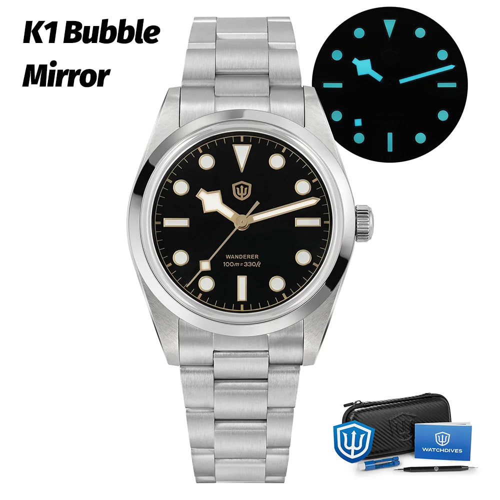 Watchdives WD1016 V3 36Mm VH31 Quartz Watch Man Multicolored K1 Bubble Mirror Sapphire Luminous 100M Waterproof Steel Wristwatch