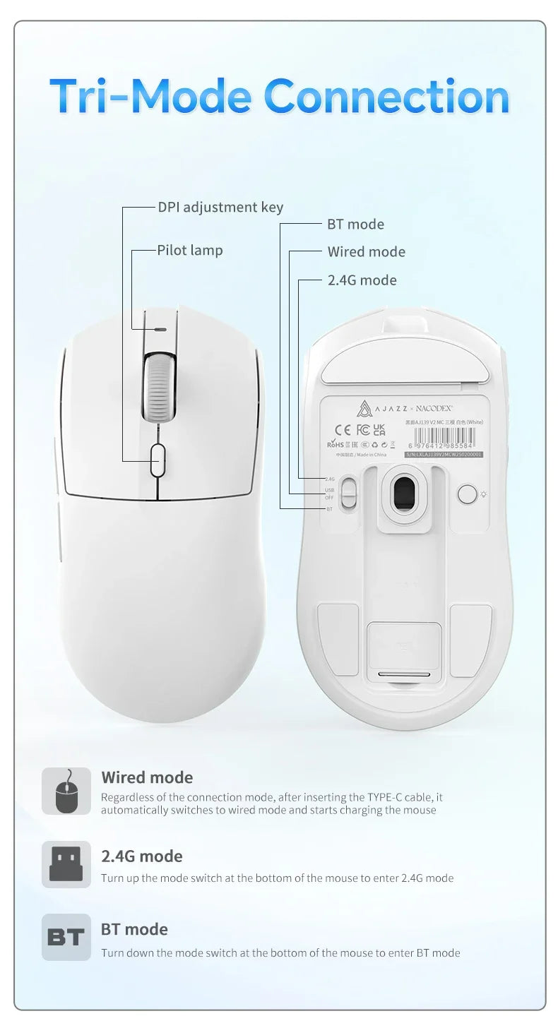 AJAZZ AJ139 V2 MC/AJ139 PRO Wireless Gaming Mouse PAW3311/PAW3395 Sensor 12000DPI/26000DPI 500mAh Bluetooth Mouse Gamer For PC