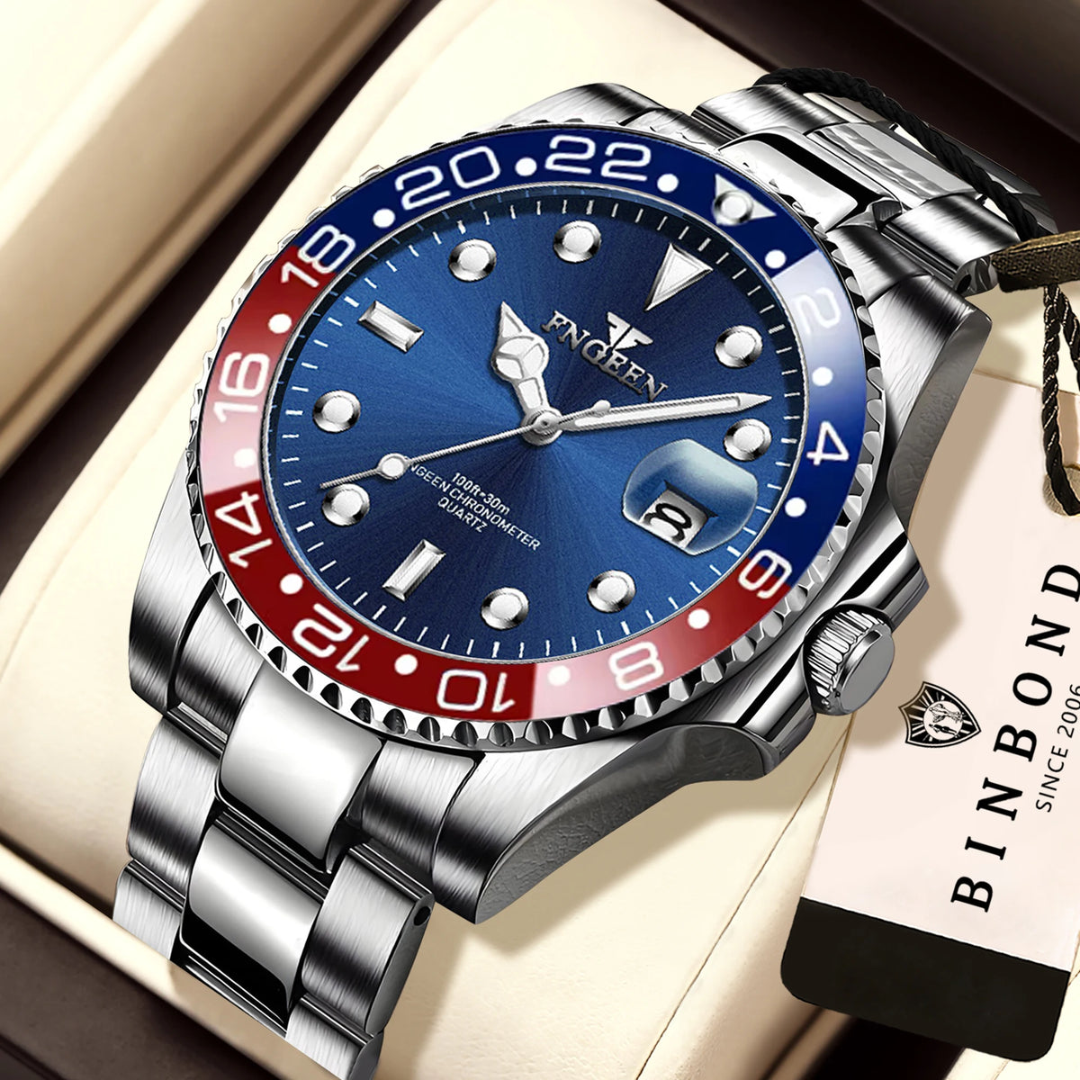 Orologio da polso al quarzo FNGEEN Son Brand di BINBOND con bracciale in acciaio inossidabile da uomo, luminescente e impermeabile, di lusso.