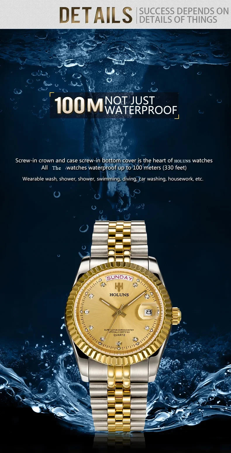 Relojes de hombre Holuns Luxury Classic de 36/41 mm en oro, con movimiento de cuarzo MIYOTA de Japón, de acero inoxidable, reloj de pulsera clásico de negocios, resistente al agua