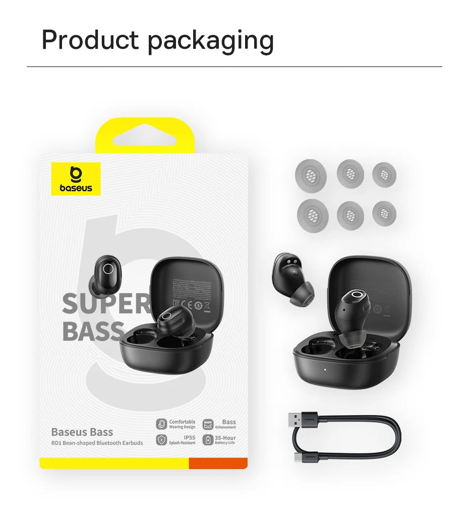 Baseus Bass BD1 Wireless Earphones Bluetooth 5.4 Mini Bean Earbuds 38H Playtime IP55 Waterproof Sports Headphones