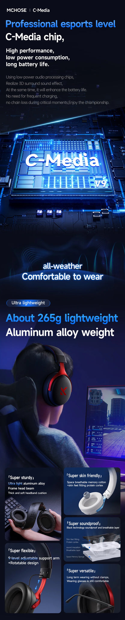 MCHOSE V9 PRO 7.1 Headphones Tri-Mode BT Wireless Low-Latency Gaming E-Sports Headset With Noise Reduction Mic For PC PS4 PS5