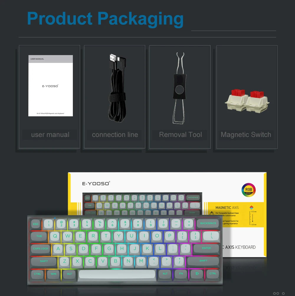 E-YOOSO Hz-61 RGB USB Mini 8K RT Mechanical Gaming Keyboard Magnetic Switch 61 Key Wired for Computer PC Laptop detachable cable