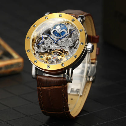 Orologio da polso meccanico automatico SKROX da uomo, modello scheletrato con funzione GMT, fasi lunari e tourbillon – Orologio di lusso di alta gamma, elegante e originale.