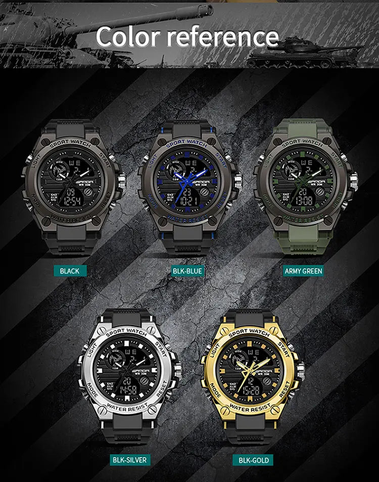 SANDA Montres de luxe haut de gamme pour homme, montre militaire, montre-bracelet sportive étanche, montre à double affichage, Relogio Masculino