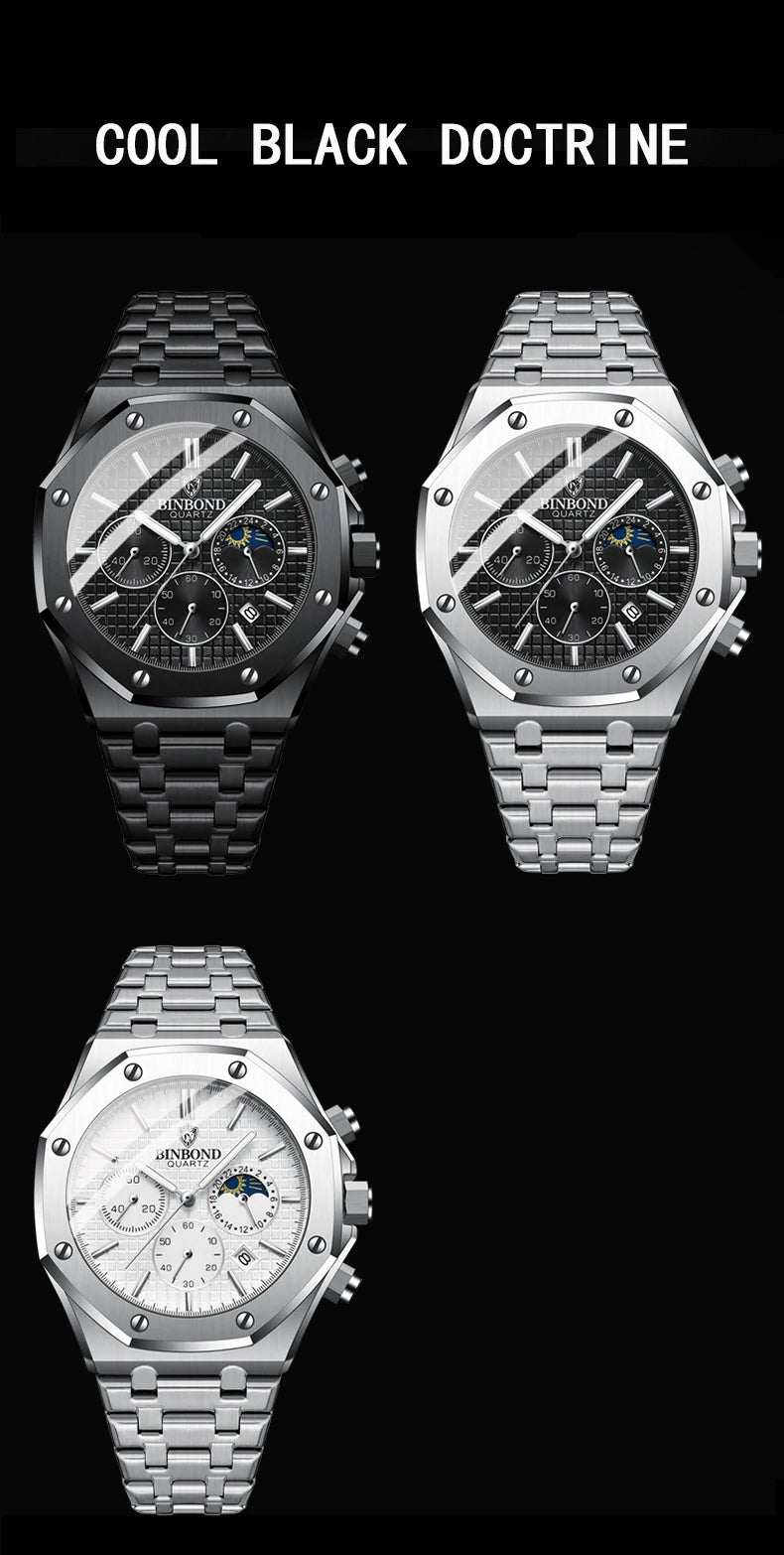 Montre-bracelet à quartz BINBOND pour homme, chronographe de luxe luminescent, en acier inoxydable, étanche, avec date et calendrier