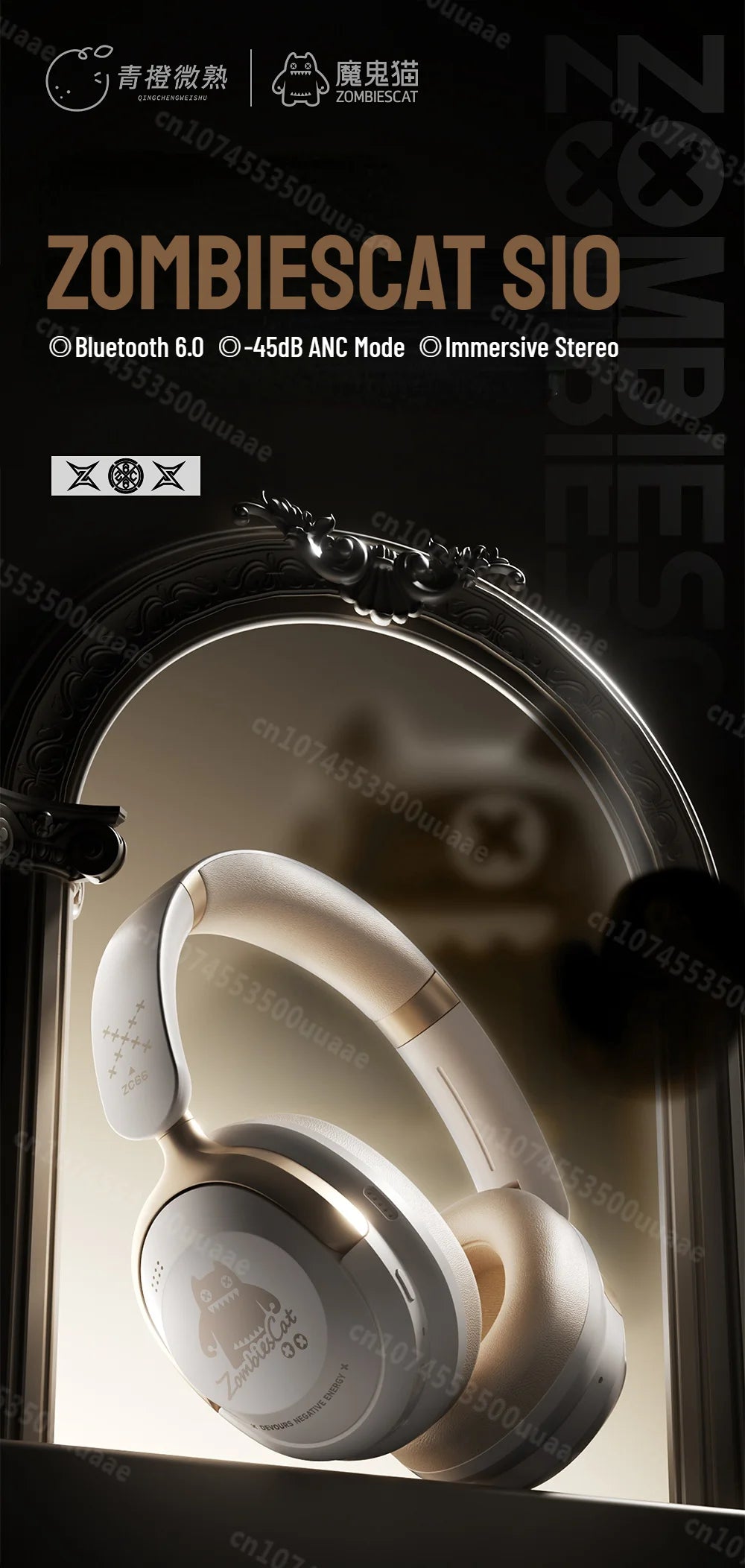 Zombies Cat S10 ANC Bluetooth 6.0 Headphones -45dB Active Noise Canceling Earphone HiFi Stereo Over-Ear Wire/Wireless Headset