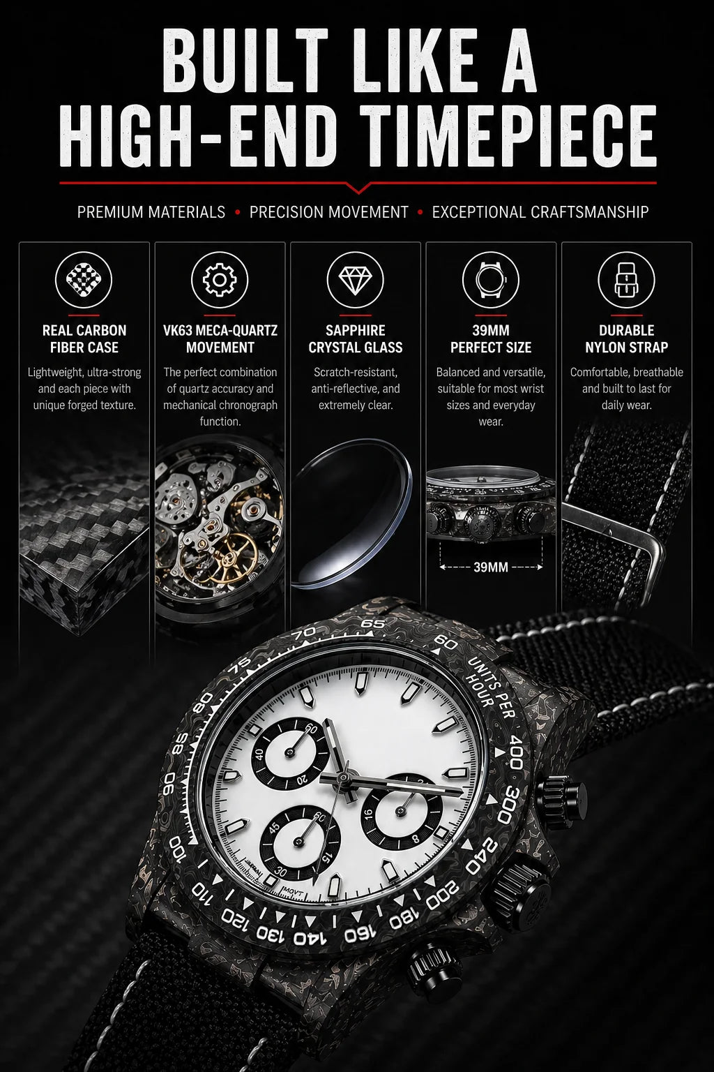 Montre chronographe « Panda » en fibre de carbone de 39 mm, VK63, quartz, verre saphir, logo personnalisé, pour homme, sportive