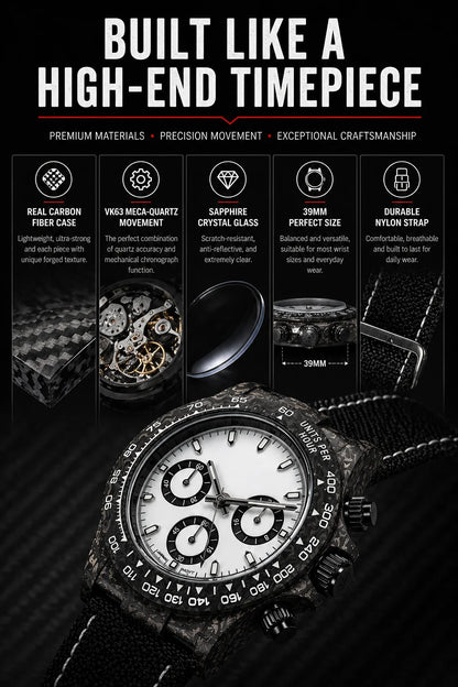 Montre chronographe « Panda » en fibre de carbone de 39 mm, VK63, quartz, verre saphir, logo personnalisé, pour homme, sportive