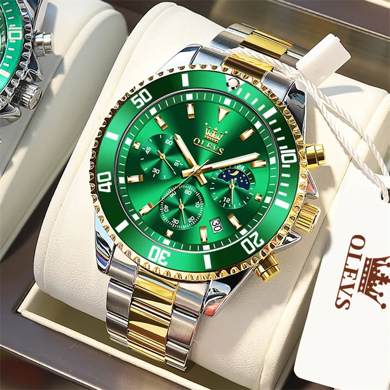 Orologio OLEVS da uomo, marchio di lusso, orologio militare al quarzo dorato, impermeabile, datario luminescente, cassa in acciaio inossidabile.