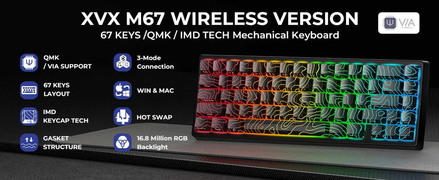XVX M67 JadeStone Mechanical Keyboard With IMD-Tech Keycaps Hot Swappable Gasket Tri-Mode Custom RGB Wireless Keyboard 65%