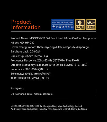 MOONDROP OLD FASHIONED On-Ear Headphone 40mm large dynamic driver 0.78-2pin 3.5mm Plug