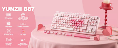 YUNZII B87 Pink Mechanical Gaming Keyboard, QMK/VIA Custom Gasket RGB Keyboard, Wireless Aesthetic Keeb, Wrist Rest for Win/Mac