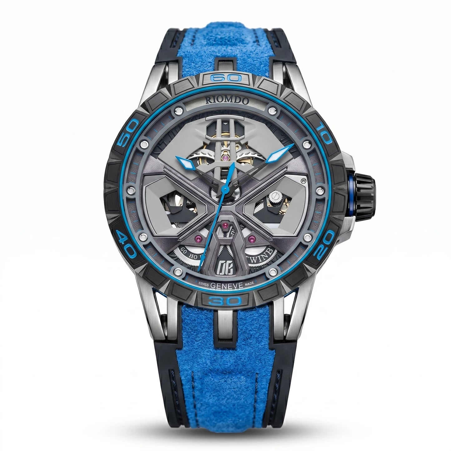OBLVLO Men's Luxury Machinery Skeleton Mechanical Automatic Watches Analog Big Dial Blue Rubber Band Military Watch RD-909