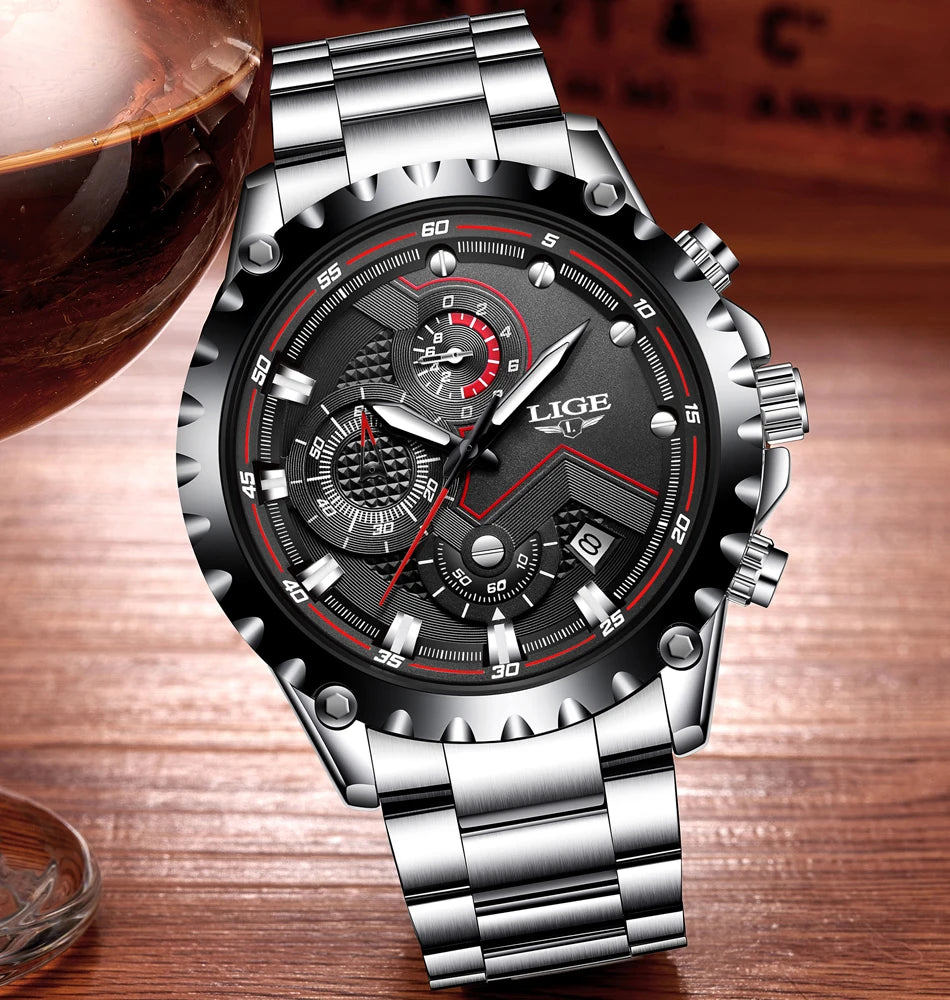 LIGE Herrenuhr – Trendige Quarzuhr, Luxusmarke, komplett aus Edelstahl, professioneller Stil, wasserdicht und sportlich – Lieferung inklusive Box