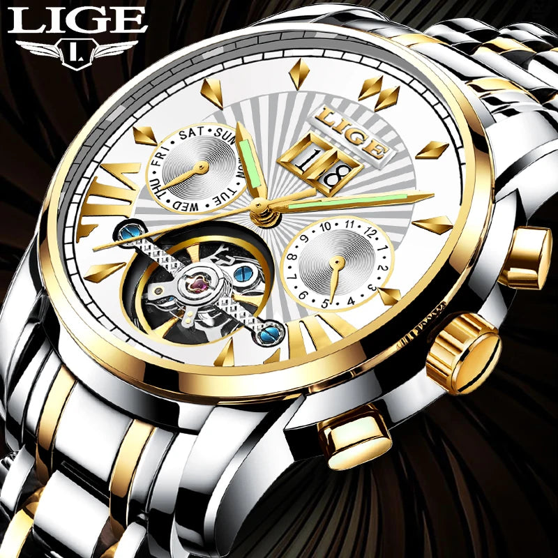 Męskie zegarki mechaniczne z automatycznym mechanizmem marki LIGE – luksusowy zegarek z najwyższej półki z tourbillonem, elegancki i wodoodporny, idealny do pracy lub na uroczyste okazje.