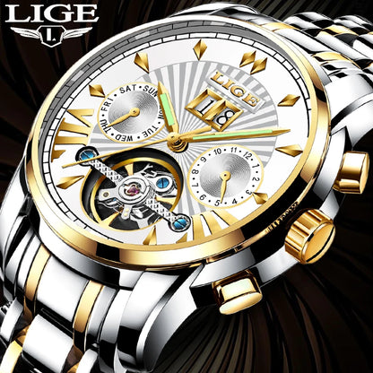 Męskie zegarki mechaniczne z automatycznym mechanizmem marki LIGE – luksusowy zegarek z najwyższej półki z tourbillonem, elegancki i wodoodporny, idealny do pracy lub na uroczyste okazje.