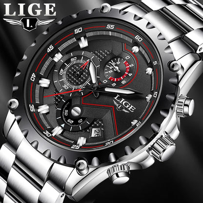 LIGE Herrenuhr – Trendige Quarzuhr, Luxusmarke, komplett aus Edelstahl, professioneller Stil, wasserdicht und sportlich – Lieferung inklusive Box