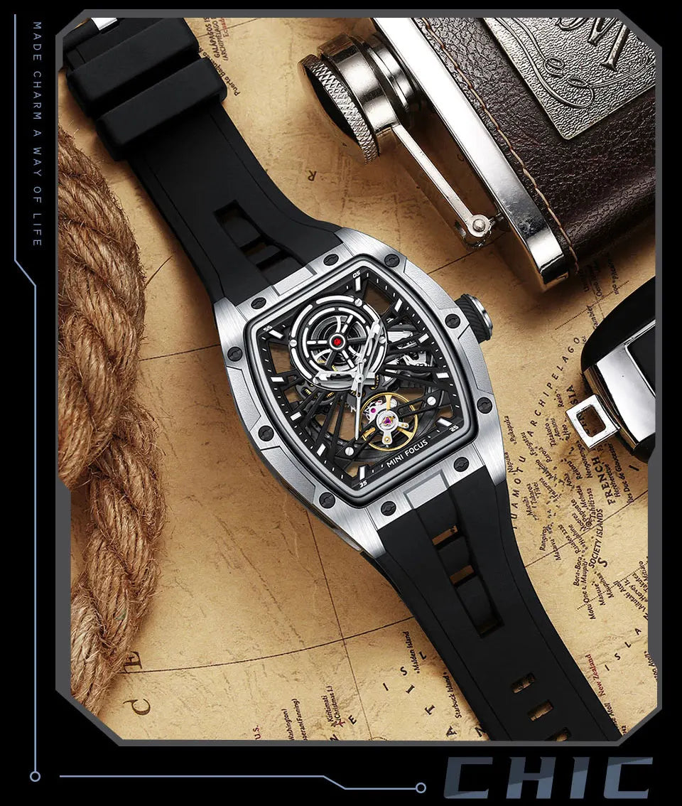 Reloj de pulsera MINI FOCUS para hombre, negro, a la moda, resistente al agua, mecánico automático, con manecillas luminosas, correa de silicona y esfera tonneau