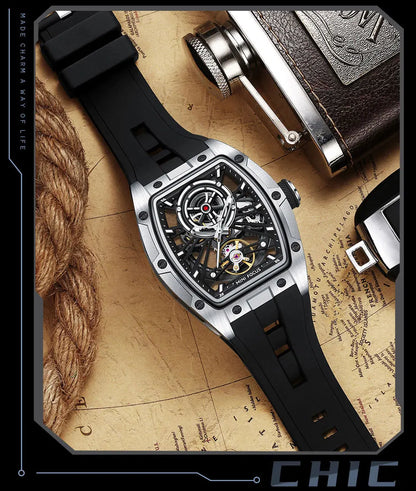 Reloj de pulsera MINI FOCUS para hombre, negro, a la moda, resistente al agua, mecánico automático, con manecillas luminosas, correa de silicona y esfera tonneau