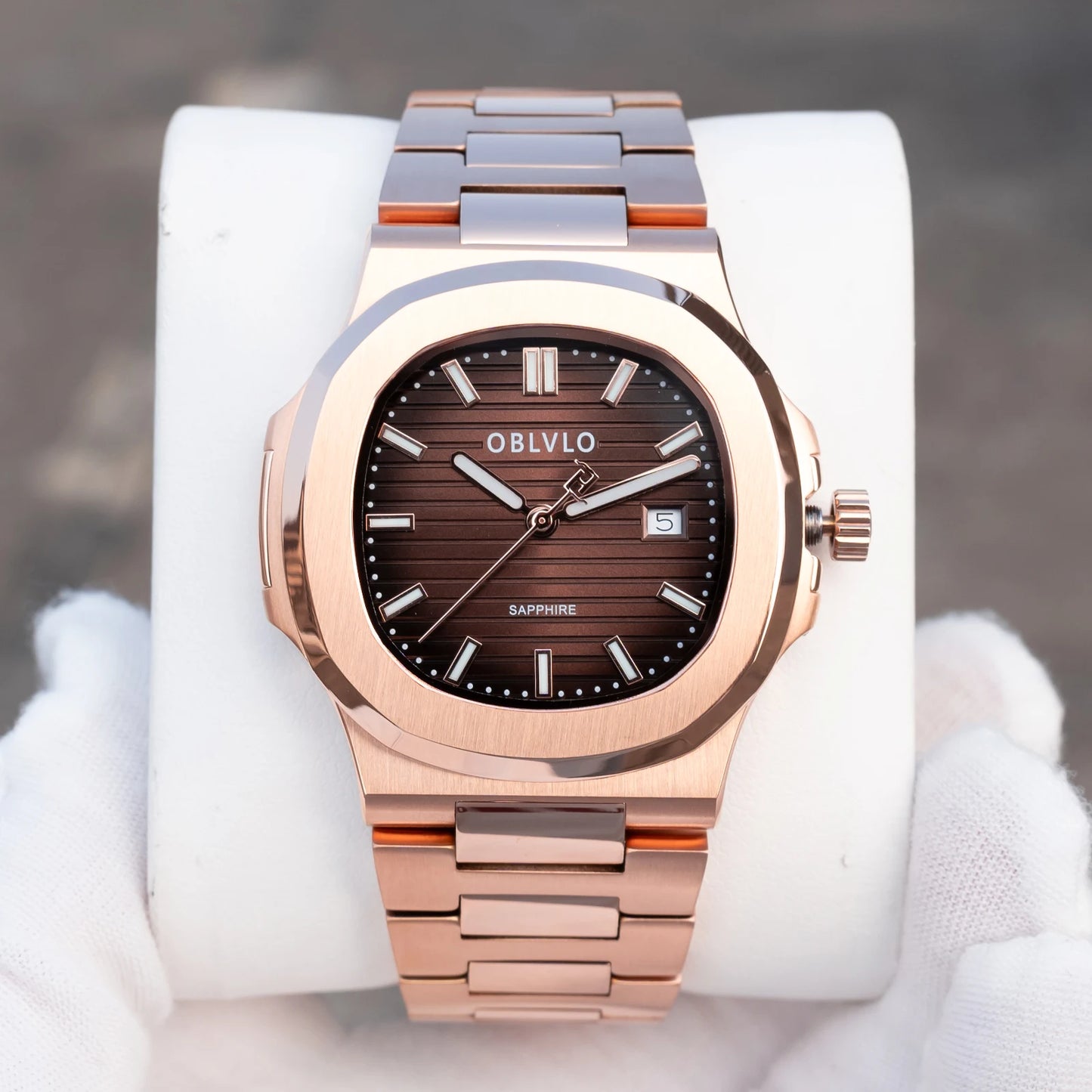 OBLVLO Men's Rose Gold Brown Dial Bracelet Watch with Date Swiss Quartz Movement Elegant Dress Watch for Gentlement FM-YWL-S