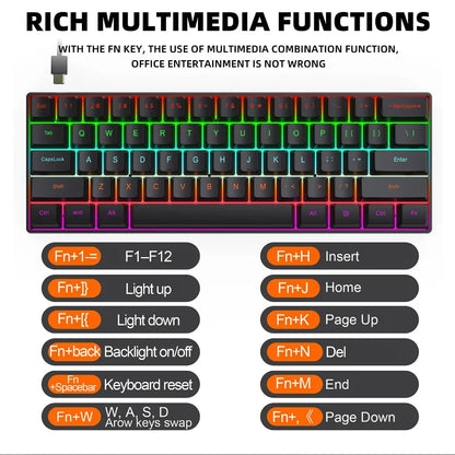 H61K USB-Type C Wired Mechanical Keyboard Red Switch RGB Backlit 61 Keys English Spanish Wired Keyboard for Game Office