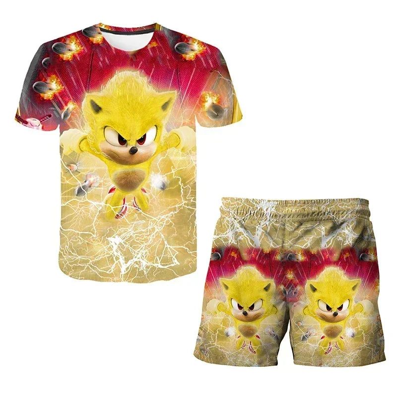 Sonic The Hedgehog Top Fashion 3D Anime Children's T-shirt Set Short Sleeve + Shorts Two-piece Set Girls Boys Cosplay Costume