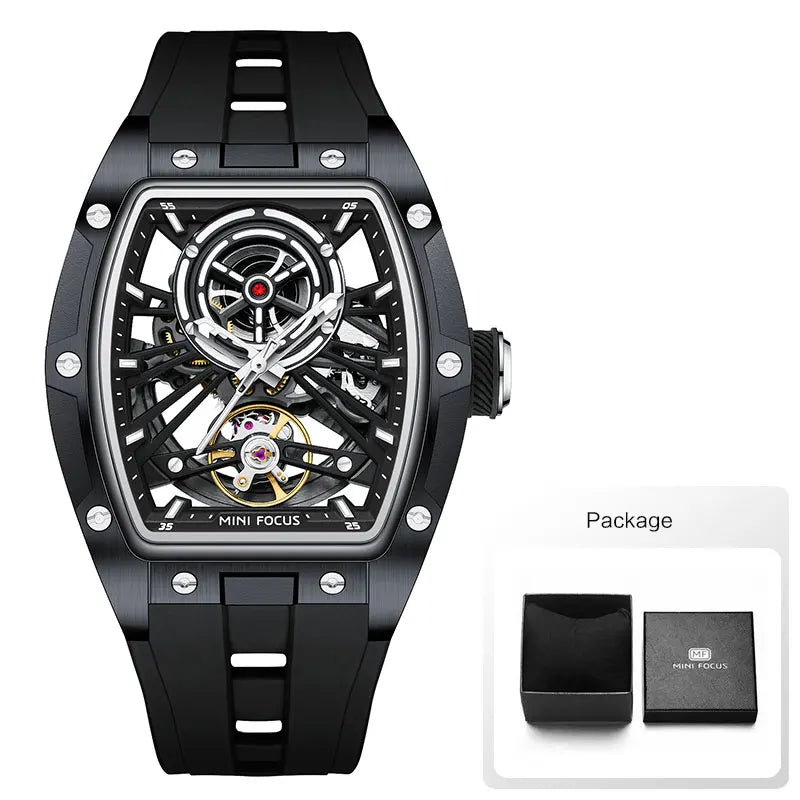 Reloj de pulsera MINI FOCUS para hombre, negro, a la moda, resistente al agua, mecánico automático, con manecillas luminosas, correa de silicona y esfera tonneau