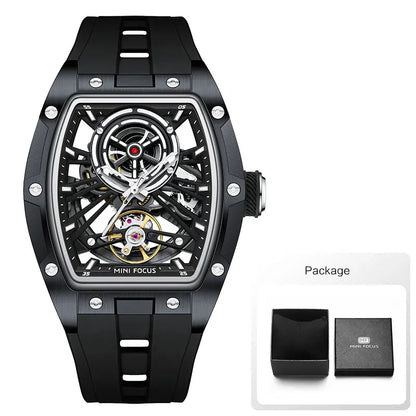 Reloj de pulsera MINI FOCUS para hombre, negro, a la moda, resistente al agua, mecánico automático, con manecillas luminosas, correa de silicona y esfera tonneau