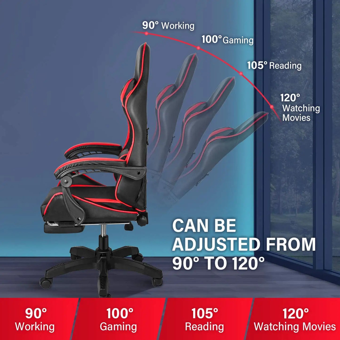 Ergonomic Gaming Chair Computer Chair with Footrest and Headrest, Lumbar Support Height Adjustable Reclining 90°-135° Swivel Off