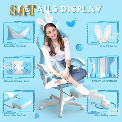 #For Kawaii Light Blue Gaming Chair with Bunny Ears, Ergonomic Cute Gamer Chair with Footrest and Massage, Racing Reclining&