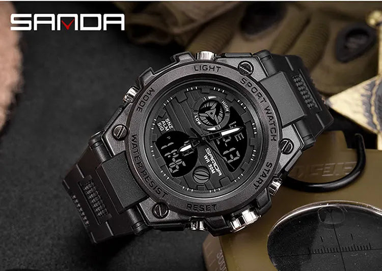 SANDA Montres de luxe haut de gamme pour homme, montre militaire, montre-bracelet sportive étanche, montre à double affichage, Relogio Masculino