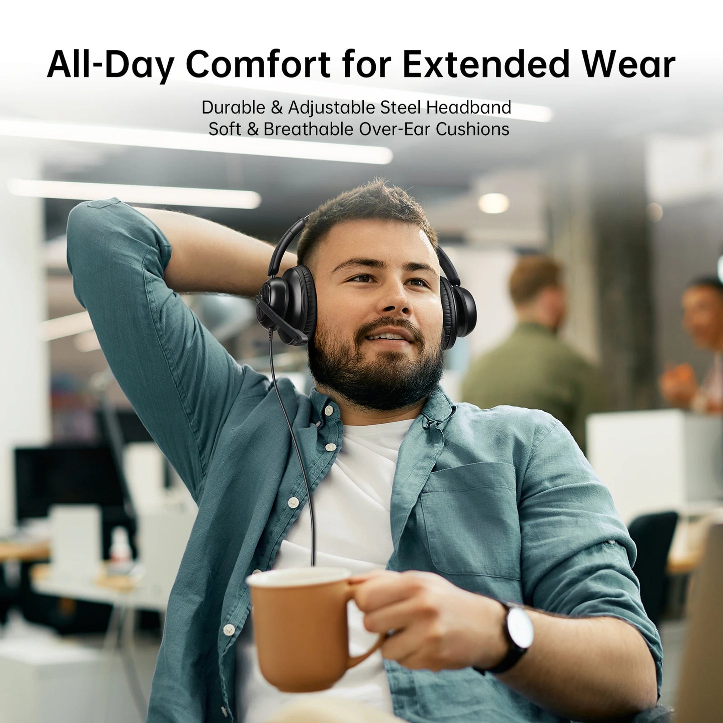 EKSA H8 Office Headset with Noise Cancelling Microphone USB/Type C/3.5mm Wired ENC Headphones for PC/Phone Mute/Teams Button