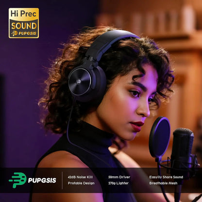 PUPGSIS Studio Monitor Headphones, Over Ear Headphones Wired, Professional 40kHz Hi-Res DJ Stereo Headphones - 1/4 to 3.5mm Jack