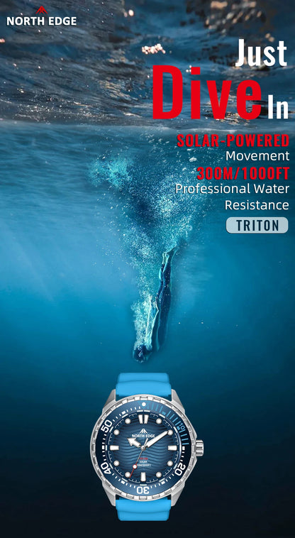 NORTH EDGE New TRITON Solar Powered Diving Watch for Man Luxury Quartz Wristwatches 316L Stainless Steel Case Waterproof 300M