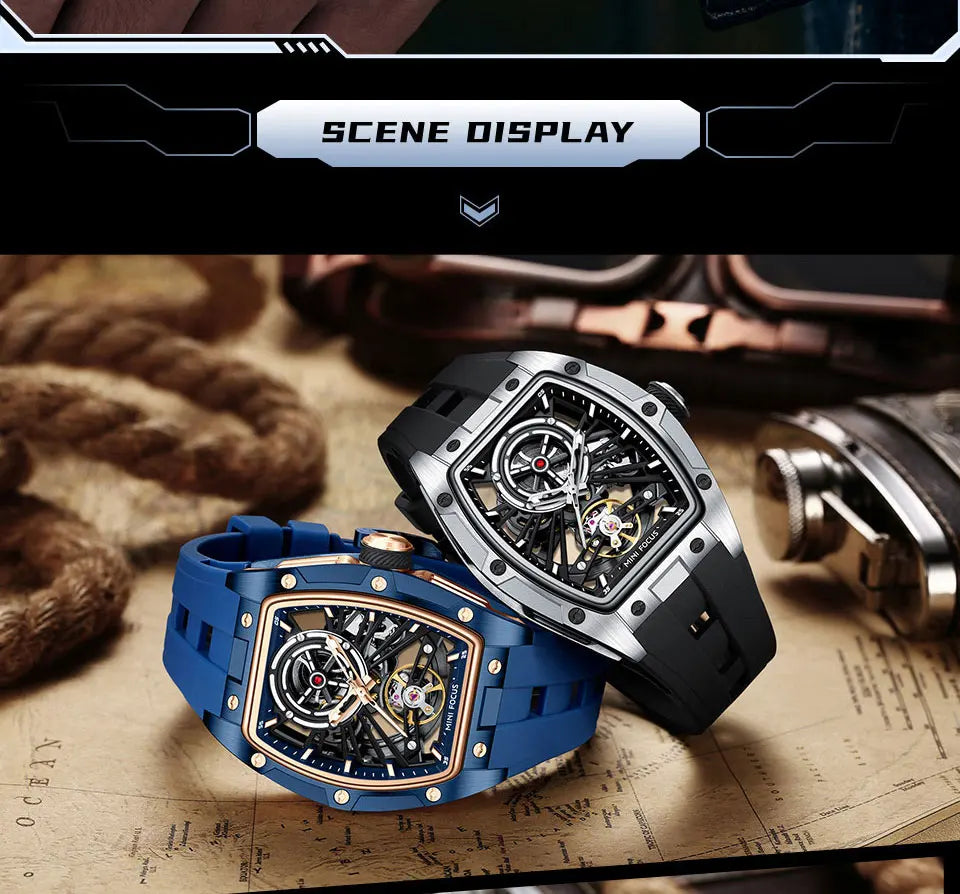 Reloj de pulsera MINI FOCUS para hombre, negro, a la moda, resistente al agua, mecánico automático, con manecillas luminosas, correa de silicona y esfera tonneau