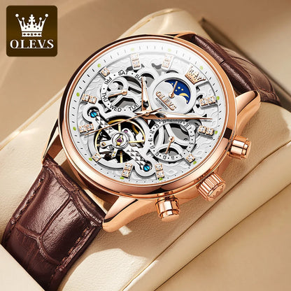 OLEVS 6658 Automatic Mechanical Watch for Man Leather Strap Waterproof Moon Phase Business Dress Men's Watches