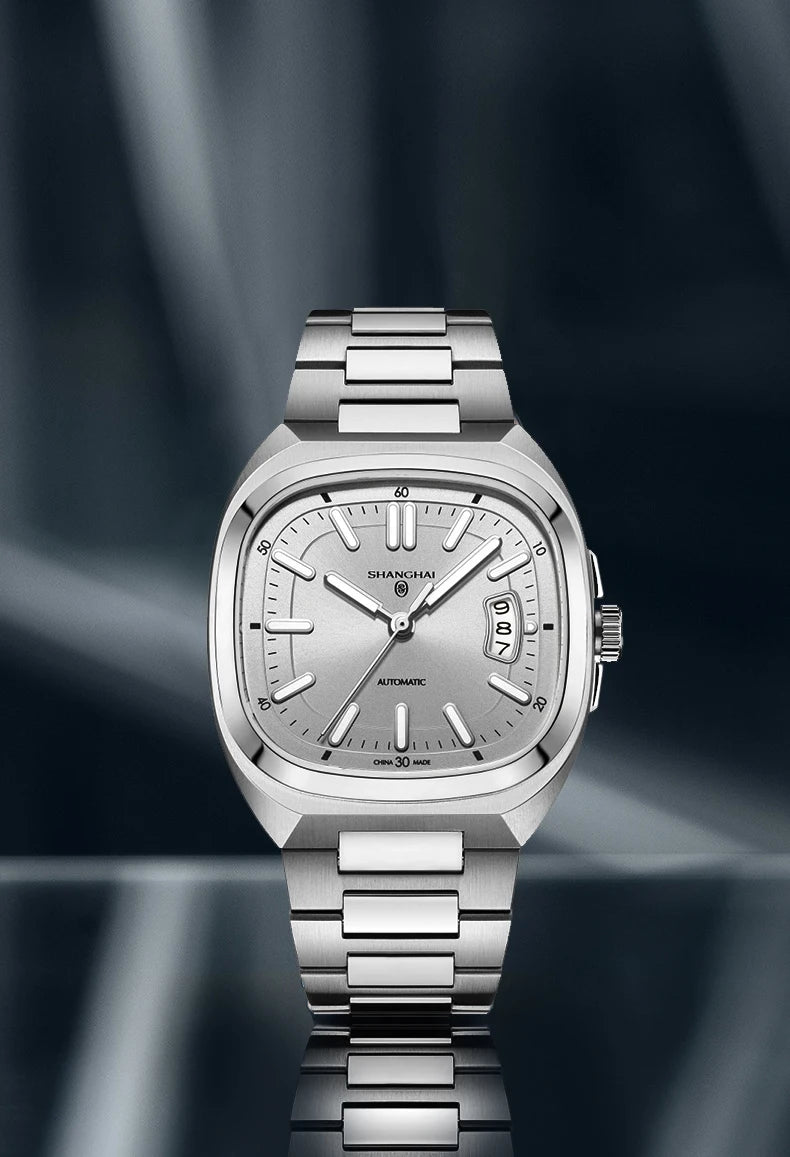 Montre pour homme Shanghai Watch, mécanique automatique, cadran carré, luminescente, étanche jusqu'à 50 m, affichage de la date, montre-bracelet décontractée SH018